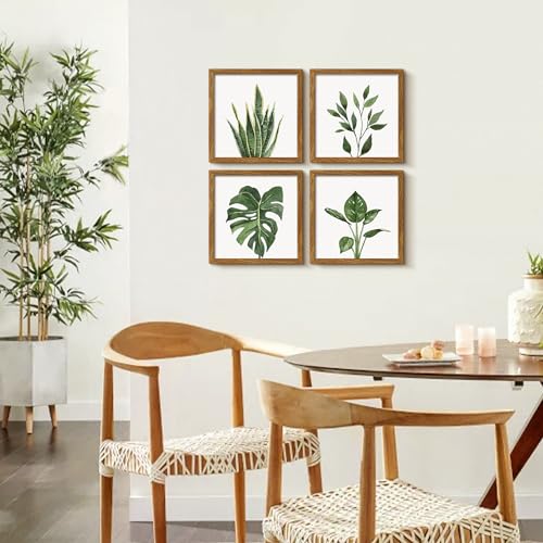 ArtbyHannah Framed Bathroom Wall Art Set of 4 for Botanical Wall Decor Green Plant Picture Frame Collage Set for Home Living Room Decoration (Walnut, 10x10)