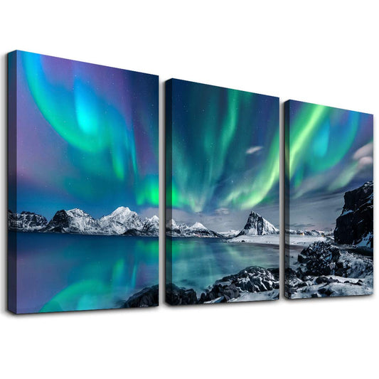 Farmhouse Canvas Wall Art For Bedroom Wall Decorations For Living Room Office Wall Decor Aurora Scenery Painting On Stretched And Framed Wall Pictures 3 Piece Ready To Hang For Bathroom Home Decor