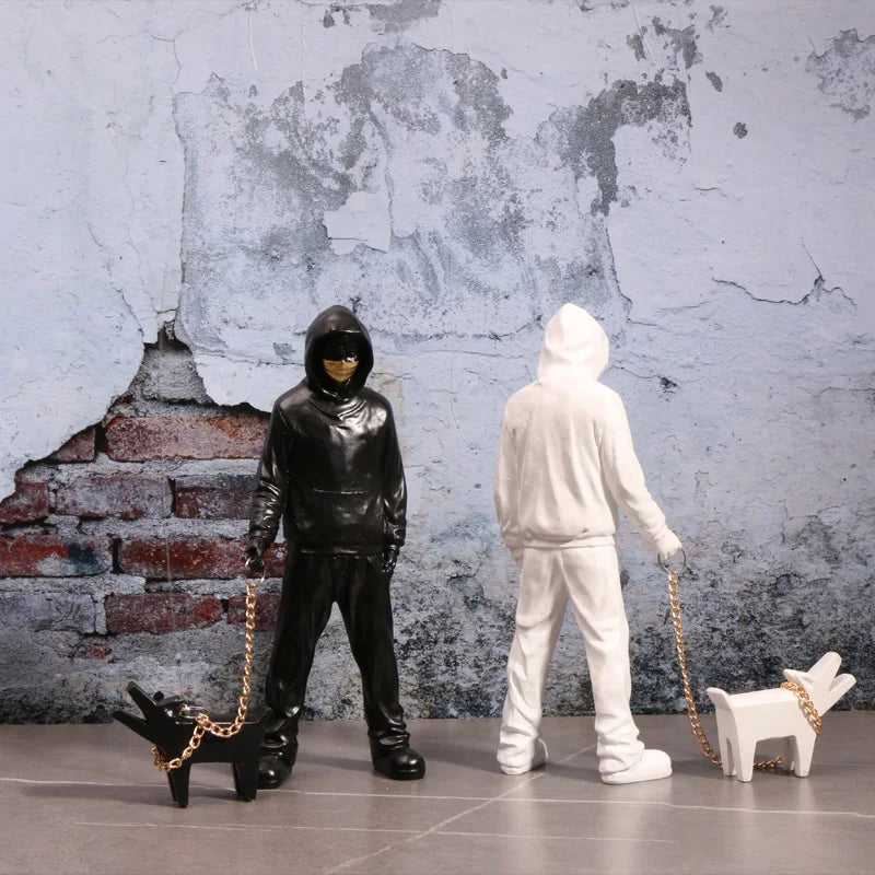 Banksy Style Man and Dog Statue for Modern Decor