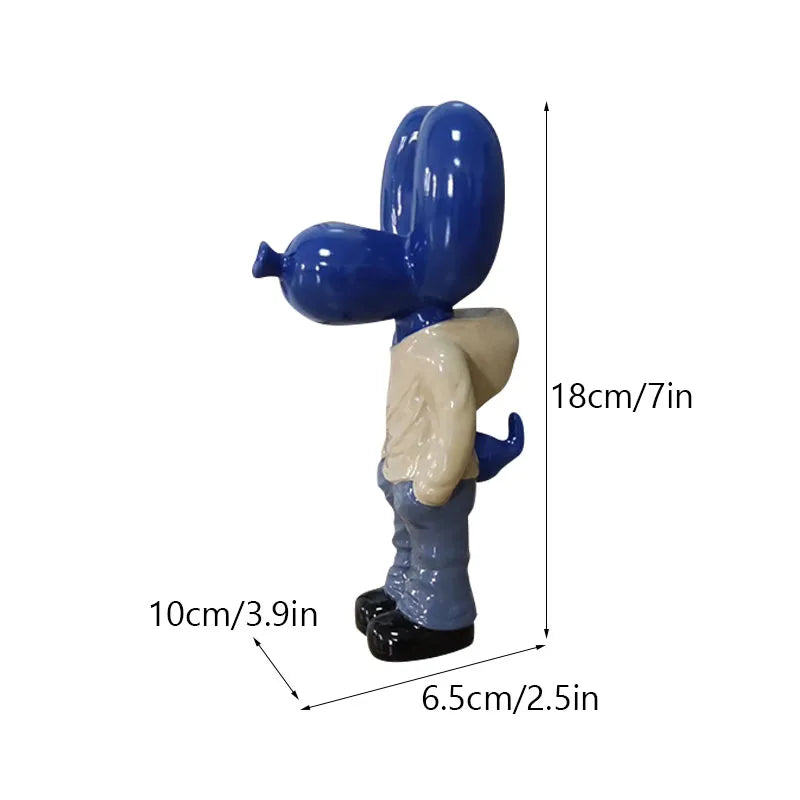 Blue Hands In Pocket Balloon Dog statue inspired by Jeff Koons, showcasing playful design