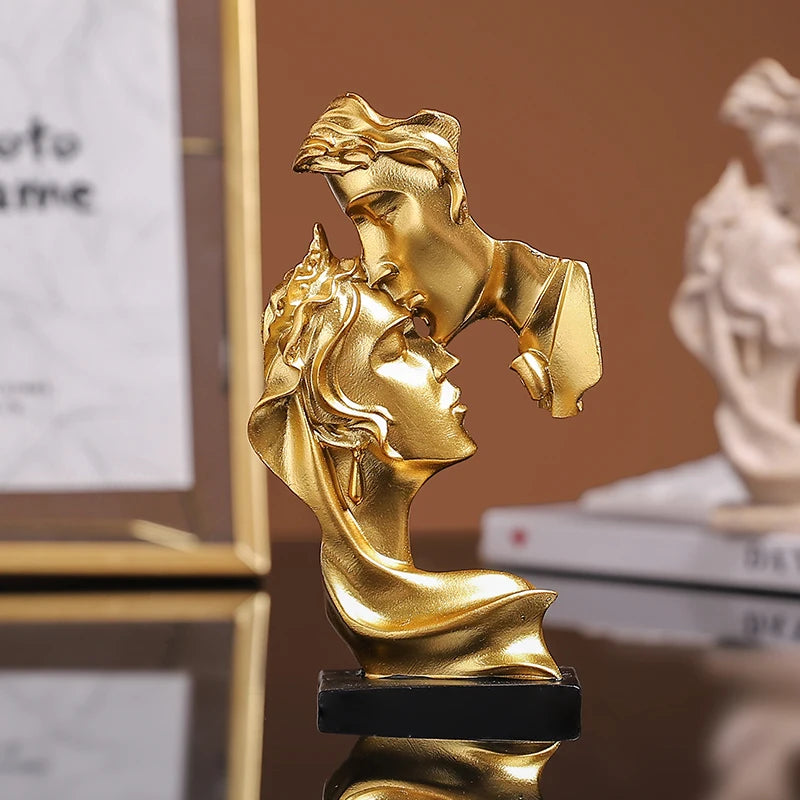 Resin Timeless Lovers Kissing Sculpture in gold, adding a touch of romance to home decor