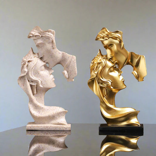 Timeless Lovers Kissing Sculpture in sandstone color, capturing a romantic embrace
