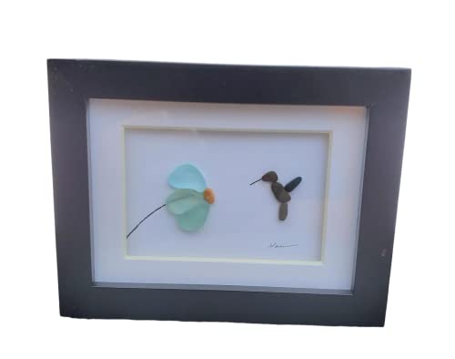 Seaglass Hummingbird handmade art. Mini desk art. Perfect gift. Small black frame protected with glass. Handmade in Maine, unique gift Nature tumbled Sea glass and hand selected pebbles.