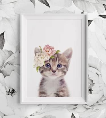 ShopHaven Kitten Nursery Wall Art ~ Baby Cat Print ~ Girls Bedroom Decor ~ Kitten with Floral Crown - Baby Animal Wall Art - 11x14 Poster Print - Unframed