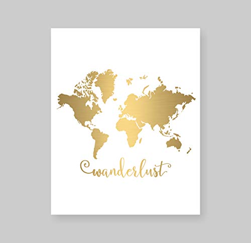 Susie Arts 8X10 Unframed Wanderlust World Map Gold Foil Art Print Home Decor Wall Art Motivational Art Inspirational Poster Birthday Wedding V162