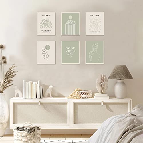 KBKBART Sage Green Matisse Wall Art Prints, Abstract Matisse Wall Art Exhibition Posters, Minimalist Women Body Line Art Leaf Boho Art Prints, Gallery Wall Decor（8x10inch, Unframed