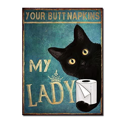 Funny Bathroom Canvas Wall Art: Black Cat Picture Print Toilet Decor, Your Napkins My Lady Teal Poster Framed Animal Artwork Restroom Decoration for Home 8" x 12"