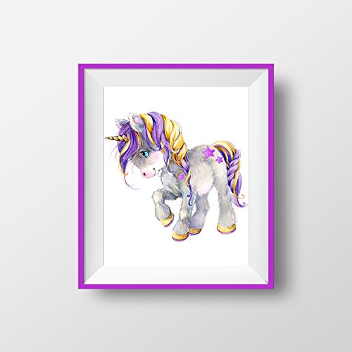 7Dots Art. Baby Unicorn. Watercolor Art Print 8"x10" on Fine Art Thick Watercolor Paper for Girl's Kid's Children's Room, Bedroom. Wall Art Decor Poster for Baby-Girls. (Violet)