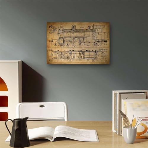 Meishe Art Vintage Poster Print Antique Train Mechanical Blueprint Structural Drawing Illustration Showing the Basic Structure Construction Schematic Diagram Home Wall Decor (15.75'' x 23.62'')