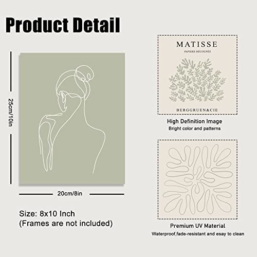 KBKBART Sage Green Matisse Wall Art Prints, Abstract Matisse Wall Art Exhibition Posters, Minimalist Women Body Line Art Leaf Boho Art Prints, Gallery Wall Decor（8x10inch, Unframed