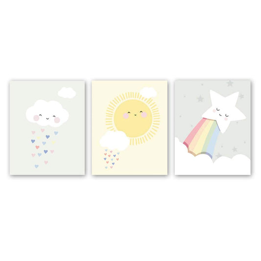 CHDITB Cute Baby Kids Room Nursery Funny Wall Art Print, Set of 3 (8" x10") Toddler Room Cute Art Poster, Cartoon Cloud Sun Star Canvas Watercolor Painting Modern Nordic Home Decor,Unframed