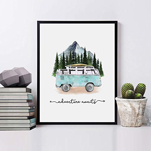 Adventure Awaits Art Print Travel Poster Mountain Wall Decor Blue Tour Bus Painting Wanderlust Gift for Traveler 8x10 inch No Frame