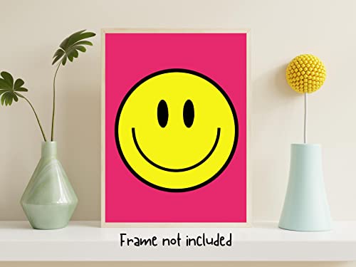 Preppy Room Decor Aesthetic Smiley Face Poster Wall Art for Teen Girls Bedroom, Cute Preppy Prints, Posters , Gifts for Teens Girls Y2K Room or Dorm Decoration. 12x16in, UNFRAMED, Hot Pink
