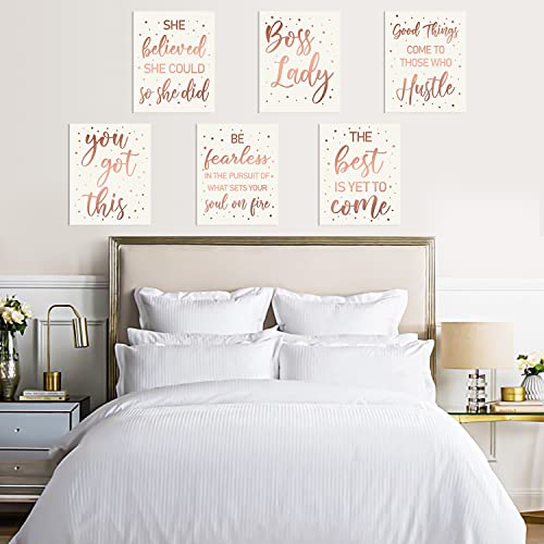 Haooryx 6Pcs Boss Lady Wall Art Rose Gold Inspirational Quote Cardstock Art Print Office Decor Set, Minimalist Girls Art Print Poster for Girls Women Bedroom Dorm Study Room Office Decorations