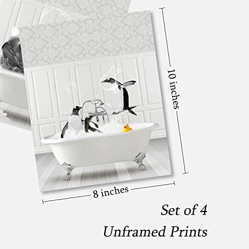 Funny Bathroom Decor Wall Art Black and White Animals Photo Pictures Happy Alpacas Giraffes Penguins Elephants in Bathtub Posters Prints for Wall Decor Kids Bathroom Decor Unframed Set of 4, 8x10inch