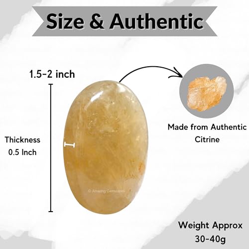 Citrine Palm Stone - Pocket Massage Worry Stone for Natural Body Chakra Balancing, Reiki Healing and Crystal Grid