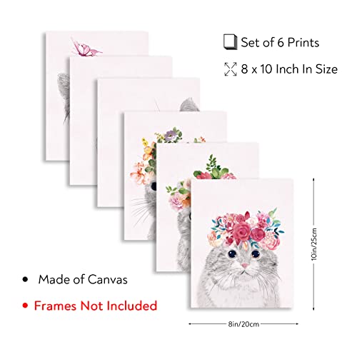 SUPERDANT 6 Pieces Cat Butterfly Unframed Canvas Wall Art Butterfly Bathroom Picture Decor Posters Wearing Flower Butterflies Band Cute Animals Canvas Print Artwork Wall Decor for Kids Bedroom