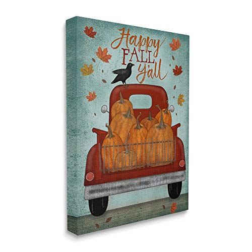 Stupell Industries Happy Fall Y'all Autumn Harvest Red Truck, Design by Beth Albert Canvas Wall Art, 16 x 20, Blue