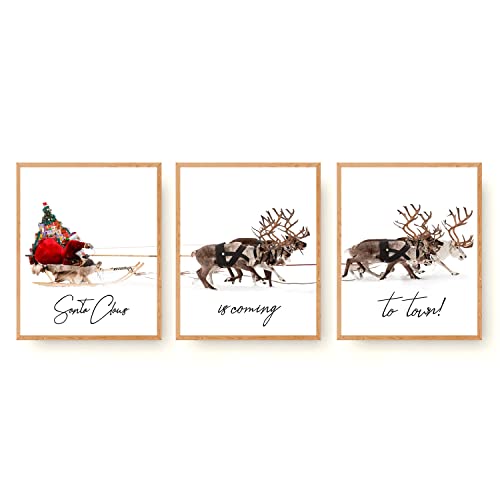 Christmas Wall Art Prints Set of 3 Canvas Artwork Posters Aesthetic Pictures Winter Santa Claus With a Sleigh Xmas Decorations for Home Bedroom Living Room Dorm Bathroom Decor (11"x14" UNFRAMED)