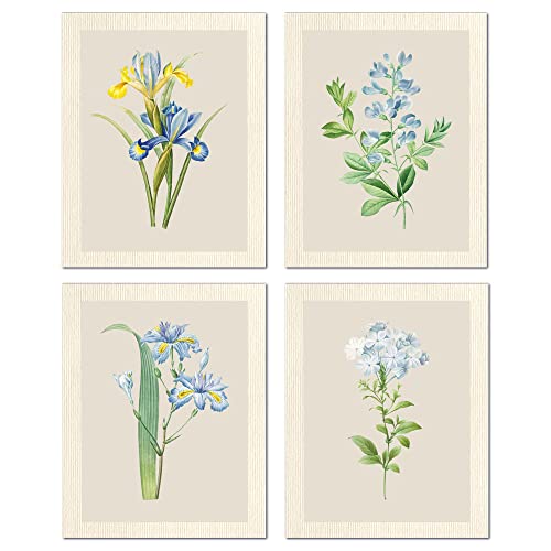 Vintage Blue Flower Canvas Wall Art Print, Retro Floral Botanical Illustration Garden Nature Decor Poster Painting for Home Office College, Gift for Plant Lovers ,Set of 4 Unframed 8 x 10 in