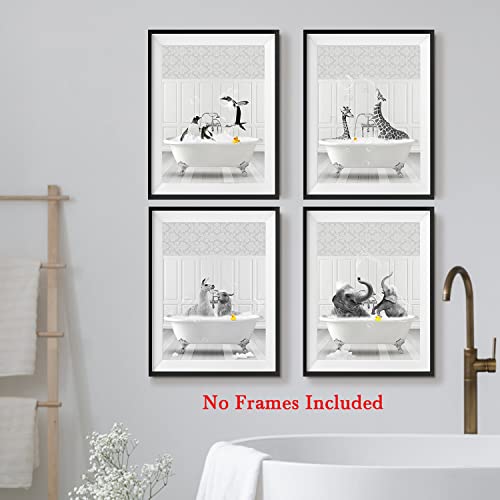 Funny Bathroom Decor Wall Art Black and White Animals Photo Pictures Happy Alpacas Giraffes Penguins Elephants in Bathtub Posters Prints for Wall Decor Kids Bathroom Decor Unframed Set of 4, 8x10inch