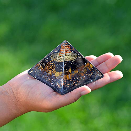 Orgonite Crystal Triple Protection Orgone Pyramid with Black Tourmaline, Tiger Eye and Hematite Crystals – Flower of Life Pyramid Dispels Negative Energy to Promote Luck and Prosperity