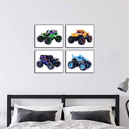 CPJY Cartoons Monster Truck Theme Wall Art Prints Set of 4 (8 inchesX10 inches Canvas Picture) Children Boys Birthday Gift Game Room Decor Art Painting Kids Nursery Wall Poster Home Decor Unframed