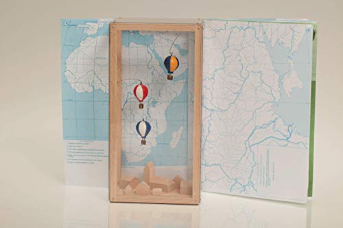 Hot air balloon city. Artwork Sculpture in a box. Handcraft Decor Desk Standing Wooden 3D Picture