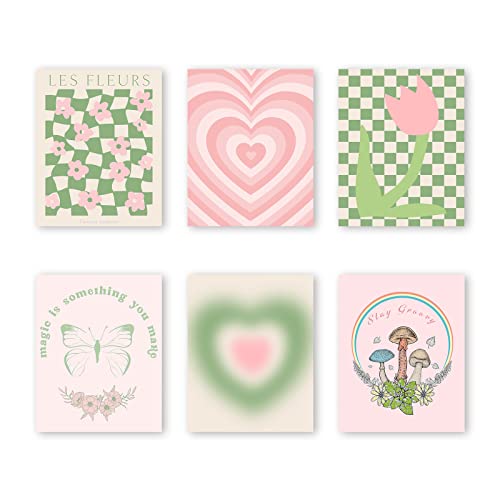 InSimSea Green and Pink Wall Art Set for Living Room, Danish Pastel Aesthetic Room Decor, Abstract Home Unframed Wall Art Prints, 6Pcs Preppy Posters for Bedroom, Bathroom, 8X10in, UNFRAMED