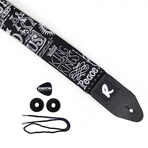 Jesus Guitar Strap, Black and White Genuine Leather Ends, Includes 2 Strap Locks & 1 Pick. Adjustable Strap, For Bass, Electric & Acoustic Guitars Gift for Guitar Players Men, Women & Kids