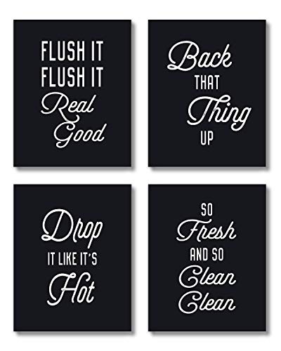Brooke & Vine Funny Bathroom Decor Hip Hop 80’s 90’s Music Old School Rap Posters Wall Art Prints (UNFRAMED 8 x 10 Set of 4) Black and White Restroom Powder Room Wash Laundry Room Wall Decor Signs -