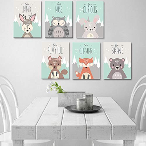 ANIUHL Woodland Animals Wall Art Canvas Print Poster Deer Owl Rabbit Fox Bear Inspirational Quotes Art Decor for Living Room Bedroom Nursery Office(Set of 6 Unframed, 8x10 inches)