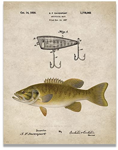Antique Fly Fishing Lure US Patent Poster Art Print Crappie Trout Smallmouth Bass Walleye Muskie Lures Poles 11x14 Wall Decor Pictures