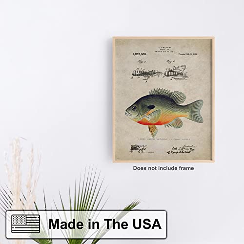 Antique Fly Fishing Lure US Patent Poster Art Print Bluegill Largemouth Bass Walleye Muskie Lures Poles 11x14 Wall Decor Pictures