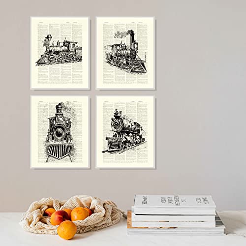 Vintage Steam Train Locomotive Transport Railroad Railway Trip Poster Wall Art Prints Train Themed Art Decor for Office Home,Train Lovers Gifts，8”x 10”Inch Poster Paintings Set of 4 Art Decor