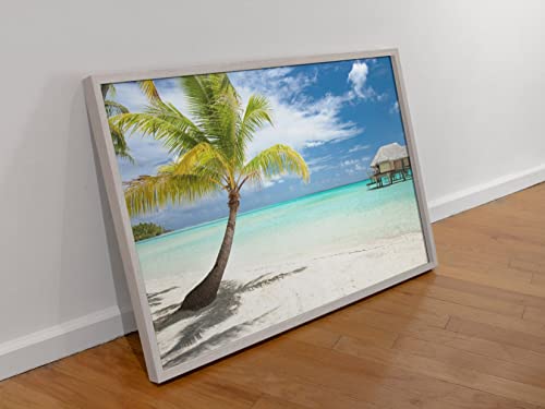Palm Tree Poster Wall Art Huts on Tropical Beach Photo Photograph Sunset Landscape Pictures Ocean Scenic Scenery Nature Photography Paradise Scenes Home Gift Cool Wall Decor Art Print Poster 18x12