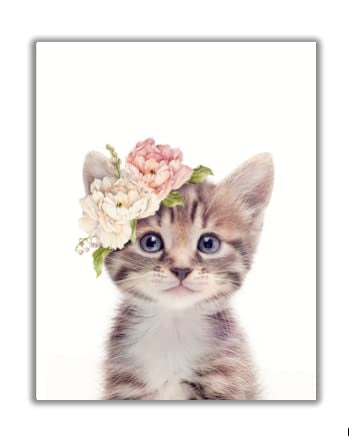 ShopHaven Kitten Nursery Wall Art ~ Baby Cat Print ~ Girls Bedroom Decor ~ Kitten with Floral Crown - Baby Animal Wall Art - 11x14 Poster Print - Unframed