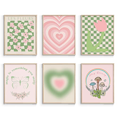 InSimSea Green and Pink Wall Art Set for Living Room, Danish Pastel Aesthetic Room Decor, Abstract Home Unframed Wall Art Prints, 6Pcs Preppy Posters for Bedroom, Bathroom, 8X10in, UNFRAMED