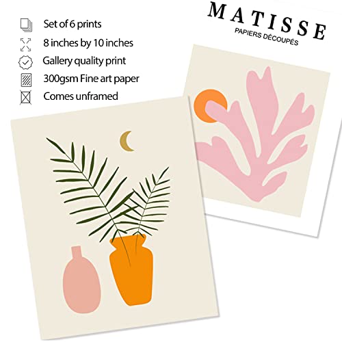 XBYGIMI Matisse Wall Art and Boho Wall Prints UNFRAMED, Minimalist Aesthetic Images Decor, Pink Print Set, Orange Posters for Room, 8x10in, Set of 6