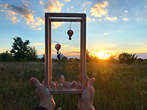 Hot air balloon city. Artwork Sculpture in a box. Handcraft Decor Desk Standing Wooden 3D Picture