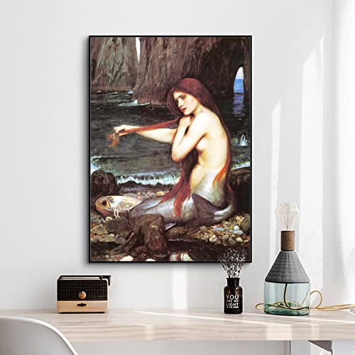 ZZPT John William Waterhouse Prints - Mermaid Canvas Wall Art - Oil Painting Poster Cool Wall Decor for Girls Room Bedroom Home Decor Unframed (12x18in/30x45cm)