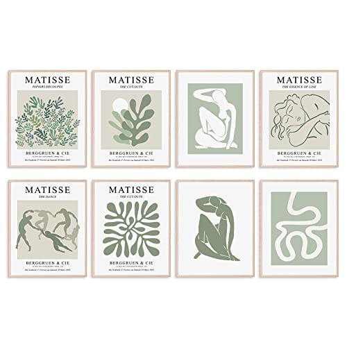 Whaline 8Pcs Wall Art Matisse Prints Henri Matisse Sage Green Minimalist Posters for Living Room Office Aesthetic Decor with 32Pcs Glue Points 8 x 10, Unframed