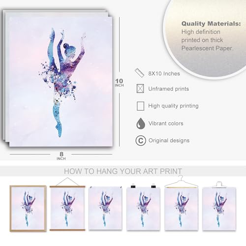 Wall Art Ballet Wall Décor Prints Posters for Room Aesthetic Watercolor Modern Elegant Ballet Dancer Ballerina Gift Dance Artwork for Bedroom Living Room Girls Room, Set of 4 Unframed, 8 x 10 Inch