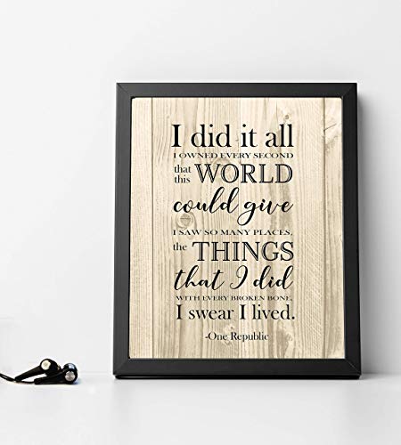 One Republic - I Swear I Lived Song Lyric Wall Art Print, This Ready to Frame Modern Music Wall Art Poster is Perfect For Home, Music Room, Studio, And Living Room Decor Aesthetic - Unframed - 8x10"