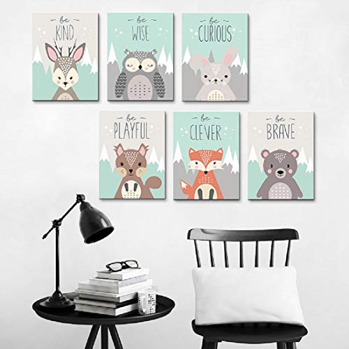 ANIUHL Woodland Animals Wall Art Canvas Print Poster Deer Owl Rabbit Fox Bear Inspirational Quotes Art Decor for Living Room Bedroom Nursery Office(Set of 6 Unframed, 8x10 inches)