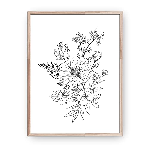 Black and White Flower Poster, Botanical Wall Art Prints UNFRAMED, Aesthetic Poster for Bedroom, Flower Drawing Living Room Posters, Boho Wall Decor