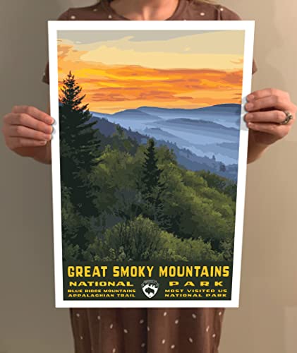 Great Smoky Mountains National Park Vintage-Style Travel Poster - 8x10-12x18-18x24-24x36 / 4x6 Postcard WPA Style Tennessee North Carolina USA Art Print (4x6 Inch Postcard)