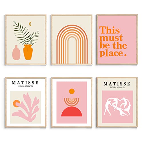 XBYGIMI Matisse Wall Art and Boho Wall Prints UNFRAMED, Minimalist Aesthetic Images Decor, Pink Print Set, Orange Posters for Room, 8x10in, Set of 6