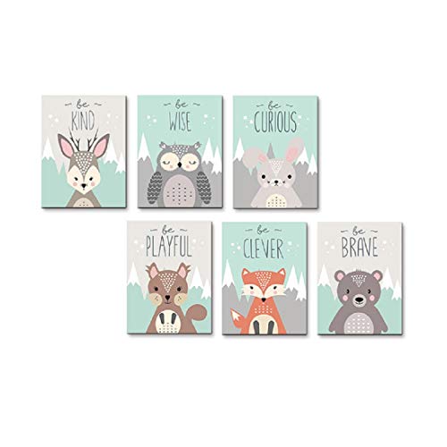 ANIUHL Woodland Animals Wall Art Canvas Print Poster Deer Owl Rabbit Fox Bear Inspirational Quotes Art Decor for Living Room Bedroom Nursery Office(Set of 6 Unframed, 8x10 inches)