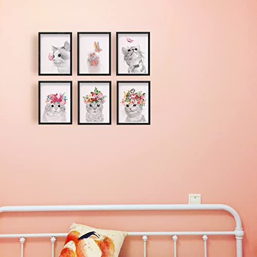 SUPERDANT 6 Pieces Cat Butterfly Unframed Canvas Wall Art Butterfly Bathroom Picture Decor Posters Wearing Flower Butterflies Band Cute Animals Canvas Print Artwork Wall Decor for Kids Bedroom